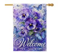 Drapeau de maison de pensée, drapeau de printemps élégant papillon floral printemps violet double face en toile de jute décorative pour extérieur, terrasse, pelouse, entrée, camping 71,1 x 101,6 cm