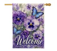 Drapeau de maison de pensée, floral, nature, papillon, fleur, printemps, violet, double face, en toile de jute décorative pour extérieur, terrasse, pelouse, entrée, camping, 71,1 x 101,6 cm