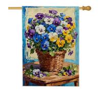 Drapeau de maison de pensée - Motif floral vibrant - Bleu printemps - Double face en toile de jute - Pour extérieur, terrasse, cour, pelouse, entrée, balcon - 71 x 101 cm