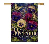 Drapeau de maison de pensée, papillon fantaisie, printemps, abeille, printemps violet en toile de jute double face pour porche, extérieur, pelouse, cour, patio, entrée 71,1 x 101,6 cm