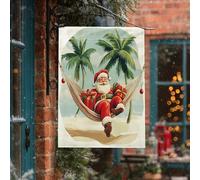 Drapeau de maison de Père Noël côtier 71,1 x 101,6 cm pour extérieur, drapeau vertical standard en lin pour maison, vacances, Nouvel An, cour, arrière-cour - Décoration extérieure