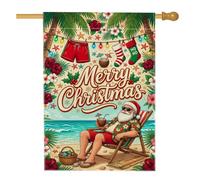 Drapeau de maison de Père Noël Tropical Beach 71,1 x 101,6 cm | Thème tropical, drapeau de cour, palmiers, fleurs d'hibiscus, scène de plage, lunettes de soleil, chaussettes suspendues