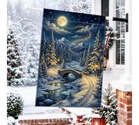 Drapeau de maison de pin Paysage nocturne du pays des merveilles d'hiver | Pays des merveilles d'hiver, drapeau de cour, paysage enneigé, nuit pleine lune, pins, pont en pierre, rivière
