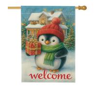 Drapeau de maison de pingouin - Cadeau de Noël fantaisie - Écharpe de Noël en toile de jute rouge double face - Grand drapeau de jardin pour extérieur, terrasse, pelouse, entrée, camping - 71,1 x