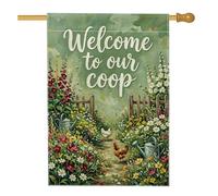 Drapeau de maison de poule, fleurs rustiques de campagne arrosoir en toile de jute verte double face pour porche, extérieur, terrasse, cour, pelouse, entrée, balcon, 71,1 x 101,6 cm