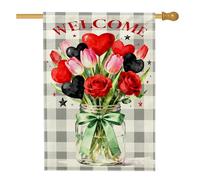 Drapeau de maison de roses, bienvenue romantique, cœurs, tulipes printanières, toile de jute rouge double face pour extérieur, pelouse, cour, terrasse, entrée, 71,1 x 101,6 cm