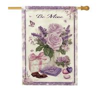 Drapeau de maison de roses, romantique vintage papillon, boîte cadeau de Saint-Valentin, lavande, drapeaux décoratifs double face en toile de jute pour porche, extérieur, cour, pelouse, patio, porte