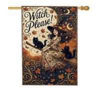 Drapeau de maison de sorcière, balai fantaisie festif pour chats d'Halloween noir double face en toile de jute pour extérieur, terrasse, cour, pelouse, entrée, balcon, 71,1 x 101,6 cm