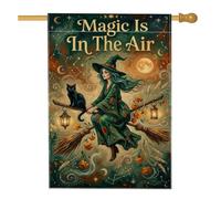 Drapeau de maison de sorcière, bâton à balai fantaisie fantaisie pour Halloween vert double face en toile de jute décorative pour extérieur, pelouse, cour, patio, entrée 71,1 x 101,6 cm