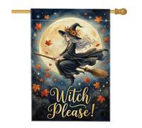 Drapeau de maison de sorcière, bâton de balai saisonnier fantaisie, lune d'Halloween, noir, double face, en toile de jute pour extérieur, cour, pelouse, terrasse, porte, entrée, 71,1 x 101,6 cm