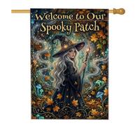 Drapeau de maison de sorcière, champignons fantaisistes mystiques et feuilles d'Halloween noir double face en toile de jute décorative pour extérieur, pelouse, cour, patio, entrée 71,1 x 101,6 cm