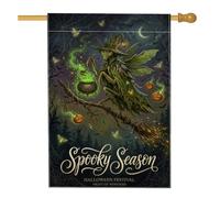 Drapeau de maison de sorcière, chaudron gothique fantaisie, citrouilles d'Halloween, vert double face, en toile de jute pour porche, extérieur, pelouse, cour, patio, entrée, 71,1 x 101,6 cm