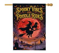 Drapeau de maison de sorcière, fantaisie effrayant caniche lune Halloween toile de jute noire double face pour porche avant extérieur patio pelouse entrée camping 71 x 101,6 cm
