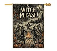 Drapeau de maison de sorcière, vintage fantaisie, citrouilles feu, Halloween, noir, double face, en toile de jute pour extérieur, cour, pelouse, terrasse, porte, entrée, 71,1 x 101,6 cm