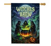 Drapeau de maison de sorcières, chaudron gothique fantaisie, citrouilles, Halloween, toile de jute verte double face, grand drapeau extérieur pour extérieur, pelouse, cour, patio, entrée 71,1 x 101,6