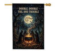 Drapeau de maison de sorcières, chaudron mystique gothique lune Halloween toile de jute noire double face pour porche avant drapeaux décoratifs pour extérieur, terrasse, cour, pelouse, entrée, balcon