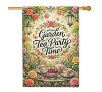 Drapeau de maison de thé, jardin vintage roses lanterne printemps pêche double face en toile de jute avant drapeaux décoratifs pour extérieur, terrasse, pelouse, entrée, camping 71,1 x 101,6 cm