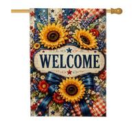 Drapeau de maison de tournesol, bannière patriotique rustique avec étoiles jaunes d'été double face en toile de jute pour extérieur, terrasse, cour, pelouse, entrée, balcon, 71 x 101 cm