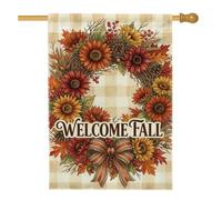 Drapeau de maison de tournesol, feuilles rustiques saisonnières, baies d'automne orange double face en toile de jute décorative pour extérieur, terrasse, pelouse, entrée, camping, 71,1 x 101,6 cm