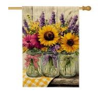 Drapeau de maison de tournesol rustique, pot Mason Gerbera jaune printanier, double face, en toile de jute pour extérieur, cour, pelouse, terrasse, porte, entrée, 71,1 x 101,6 cm