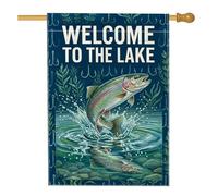 Drapeau de maison de truite arc-en-ciel, lac nature, hameçons de pêche en toile de jute bleue d'été double face décoratifs pour extérieur, pelouse, cour, patio, entrée 71,1 x 101,6 cm