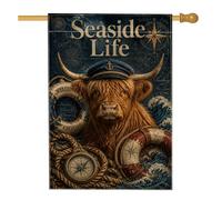 Drapeau de maison de vache des Highlands - Ancres vintage - Boussole d'été - Bleu marine - Double face en toile de jute - Drapeaux décoratifs pour extérieur, terrasse, cour, pelouse, entrée, balcon