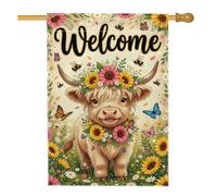 Drapeau de maison de vache, fleurs rustiques fantaisistes et papillons jaune printemps double face en toile de jute décorative pour extérieur, cour, pelouse, terrasse, porte, entrée, 71,1 x 101,6 cm
