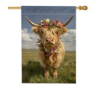 Drapeau de maison de vache Highland, fleur rustique de ferme, herbe royale, printemps, marron, double face, en toile de jute pour porche, extérieur, terrasse, cour, pelouse, entrée, balcon, 71,1 x