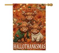 Drapeau de maison de vaches des Highlands, citrouilles festives fantaisie, feuilles d'automne orange, toile de jute double face décorative pour extérieur, cour, pelouse, terrasse, porte, entrée, 71 x