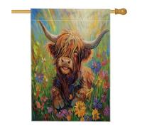 Drapeau de maison de vaches des Highlands de printemps 71,1 x 101,6 cm double face pour décoration extérieure, fleurs colorées avant cour en lin, drapeau de maison, motif animal extérieur, drapeau de