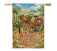 Drapeau de maison de vélo, marguerites vintage printanières, papillons, printemps orange, toile de jute double face, drapeaux décoratifs pour extérieur, cour, pelouse, patio, porte, entrée, 71,1 x