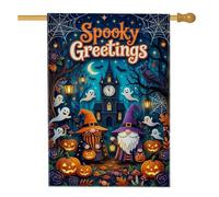 Drapeau de maison de vœux d'Halloween avec nains effrayants 71,1 x 101,6 cm | Manoir hanté, drapeau de cour, jack-o-lanternes, fantômes, corbeau, toiles d'araignée, feuillage d'automne