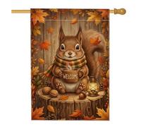 Drapeau de maison d'écureuil, feuilles de bienvenue rustiques fantaisistes marron d'automne double face en toile de jute décorative pour extérieur, terrasse, pelouse, entrée, camping 71 x 101,6 cm