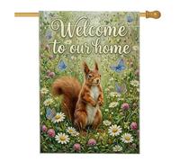 Drapeau de maison d'écureuil, nature fantaisie, papillon, fleur, printemps, vert, double face, en toile de jute décorative pour extérieur, terrasse, pelouse, entrée, camping, 71 x 101,6 cm