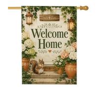 Drapeau de maison d'écureuil rustique charmant hortensia chrysanthème vert printemps double face en toile de jute pour porche, extérieur, pelouse, cour, patio, entrée 71,1 x 101,6 cm