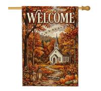 Drapeau de maison d'église, lanterne citrouilles traditionnelle rustique orange d'automne double face en toile de jute décorative pour extérieur, cour, pelouse, patio, porte, entrée, 71,1 x 101,6 cm