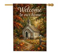 Drapeau de maison d'église, rustique, charmante, citrouilles de tournesol, orange automne, double face, en toile de jute pour porche, extérieur, terrasse, pelouse, entrée, camping 71 x 101,6 cm