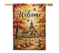 Drapeau de maison d'église, rustique charmantes feuilles de citrouilles orange d'automne double face en toile de jute pour extérieur, terrasse, cour, pelouse, entrée, balcon, 71,1 x 101,6 cm