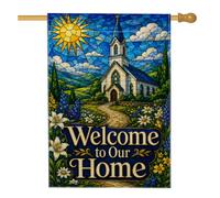 Drapeau de maison d'église, vitrail rustique, soleil, allée, bleu printemps, double face, en toile de jute pour porche, extérieur, cour, pelouse, patio, porte, entrée, 71,1 x 101,6 cm