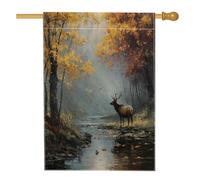 Drapeau de maison d'élan de paysage de forêt d'automne 71 x 101,6 cm pour l'extérieur, forêt d'automne, érable, drapeau vertical standard en lin, drapeau de maison, rivière, animal sauvage, devant