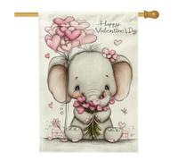 Drapeau de maison d'éléphant, cœurs mignons, fleurs, Saint-Valentin, pêche, double face, en toile de jute pour porche, extérieur, cour, pelouse, patio, porte, entrée, 71,1 x 101,6 cm