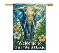 Drapeau de maison d'éléphant, papillon tropical vibrant hibiscus bleu d'été en toile de jute double face pour extérieur, pelouse, cour, patio, entrée 71,1 x 101,6 cm