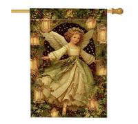 Drapeau de maison des anges, lanterne vintage de Noël, houx, vert, double face, en toile de jute pour porche, décoration pour extérieur, terrasse, pelouse, entrée, camping 71 x 101,6 cm
