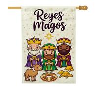 Drapeau de maison des trois mages avec citation de Reyes Magos 71 x 101 cm | Thème du jour des trois rois, drapeau de cour, motif de personnage de dessin animé, illustration de chameau, Roscón De Reyes