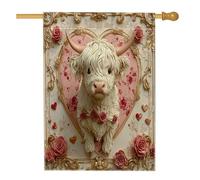 Drapeau de maison des vaches des Highlands 71,1 x 101,6 cm double face pour décoration extérieure, Saint-Valentin, soulagement en forme de cœur en lin, drapeau de maison, motif animal extérieur