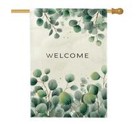 Drapeau de maison d'eucalyptus, branche de feuilles naturelles de bienvenue en toile de jute verte printanière, double face, drapeaux décoratifs pour extérieur, terrasse, pelouse, entrée, camping 71 x