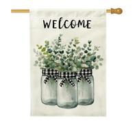 Drapeau de maison d'eucalyptus, pot Mason rustique ruban noir vert printemps double face en toile de jute décorative pour extérieur, pelouse, cour, patio, entrée 71,1 x 101,6 cm