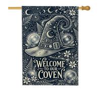 Drapeau de maison d'Halloween avec citation chapeau de sorcière mystique 71 | Lune céleste et étoiles, drapeau de cour, accents de boule de cristal, feuilles de fougère botanique, thème mystique gothique