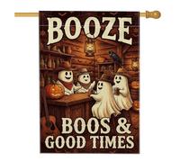 Drapeau de maison d'Halloween avec citation de fantôme amusant 71,1 x 101,6 | Chapeaux de cowboy, drapeau de cour, saloon, guitare acoustique, jack-o-lanternes, corbeau, taverne en bois rustique