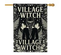 Drapeau de maison d'Halloween avec citation de silhouette de sorcière | Fougères botaniques, drapeau de cour, phases de lune céleste, cristaux mystiques, esthétique rustique, décoration occulte
